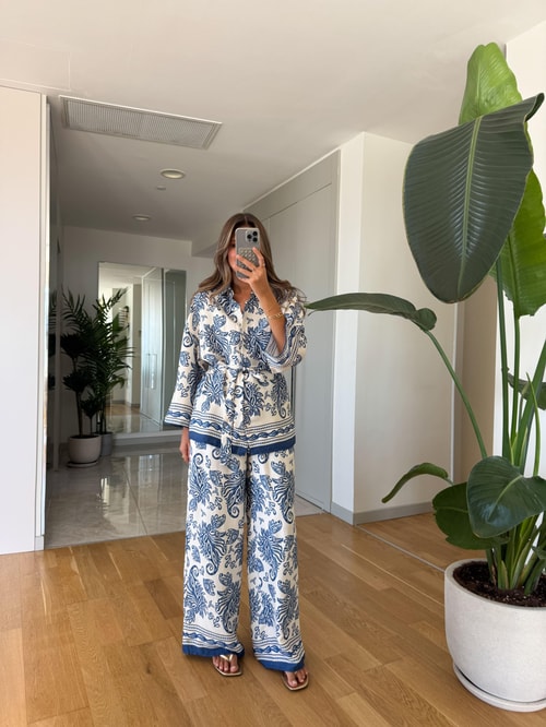 Etnik Desenli Kimono Takım - Mavi 