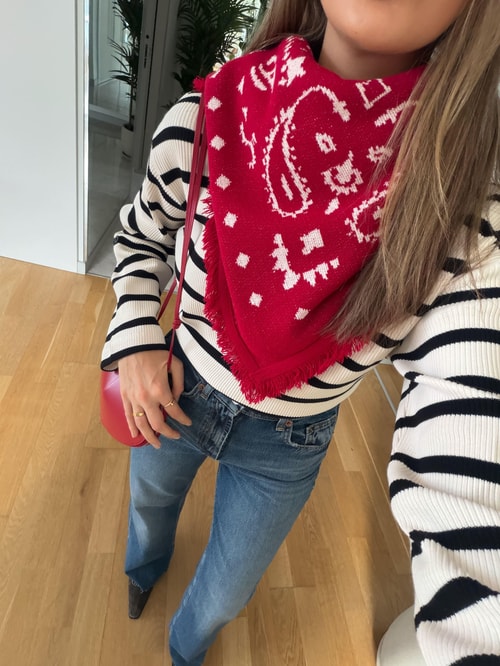 Etnik Desenli Triko Şal - Kırmızı