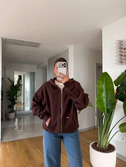 Fermuarlı Şardonlu Sweatshirt - Kahve