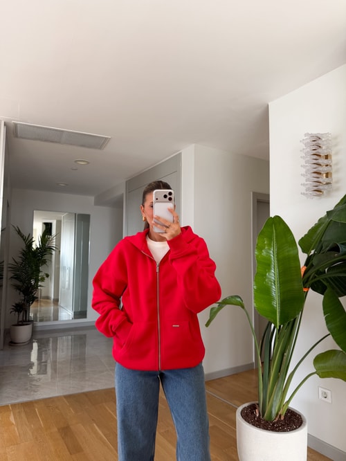 Fermuarlı Şardonlu Sweatshirt - Kırmızı