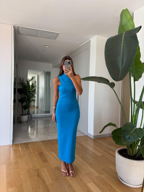 Fk Çarpraz Yaka Midi Elbise - Mavi