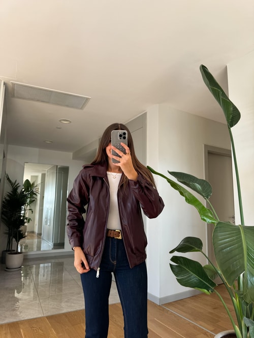 Franco Suni Deri Fermuarlı Ceket-Bordo