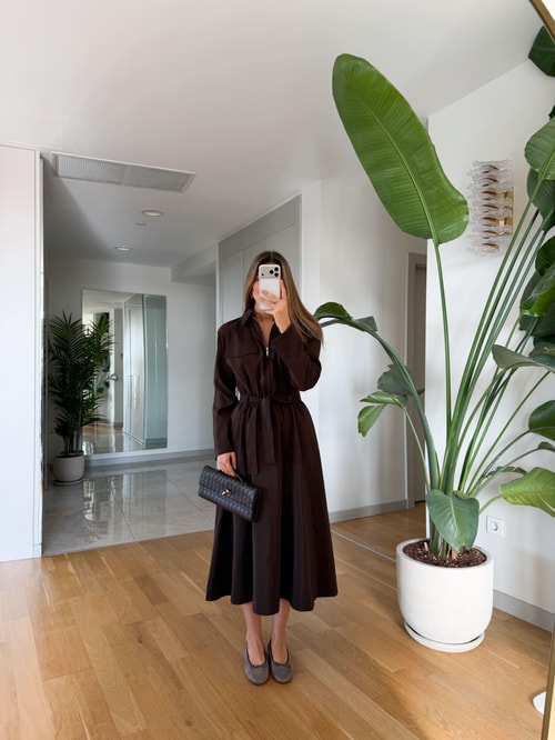 Frank Kuşaklı Fermuarlı Elbise - Kahve