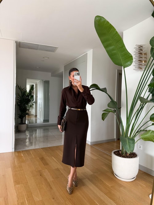 Freya Önden Yırtmaçlı Midi Etek - Kahve