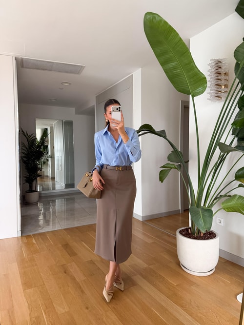 Freya Önden Yırtmaçlı Midi Etek - Sütlü Kahve