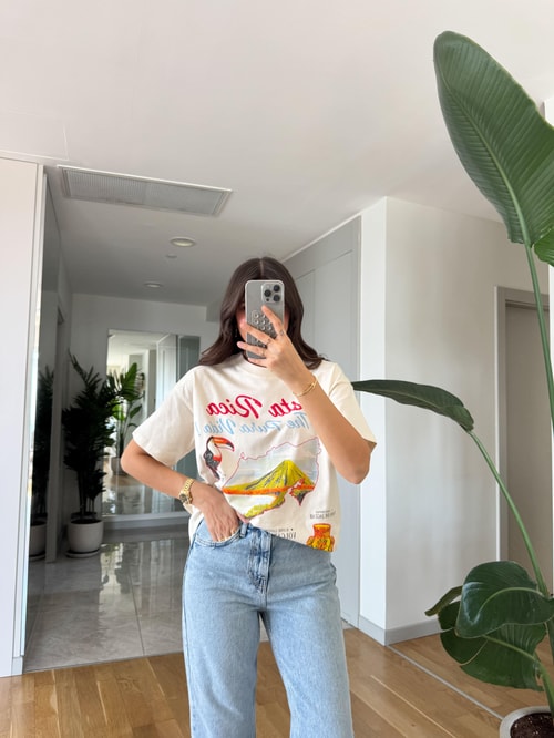 Fuji Baskılı Ekru Tişört