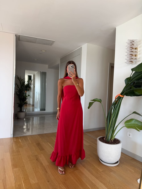 Fularlı Straplez Elbise - Kırmızı 