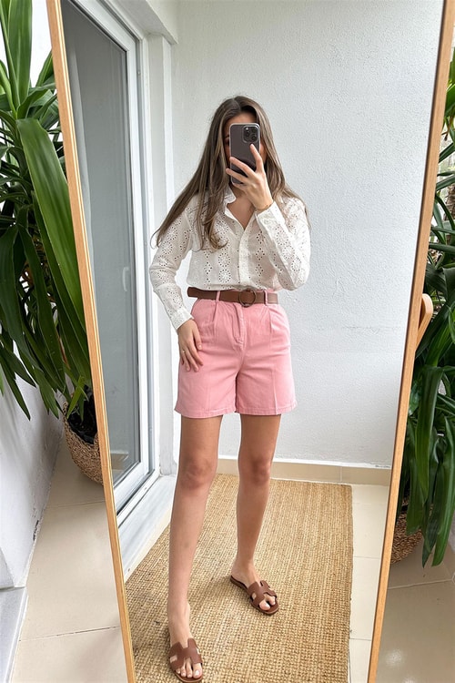 Gabardin Kemerli Şort-Pembe