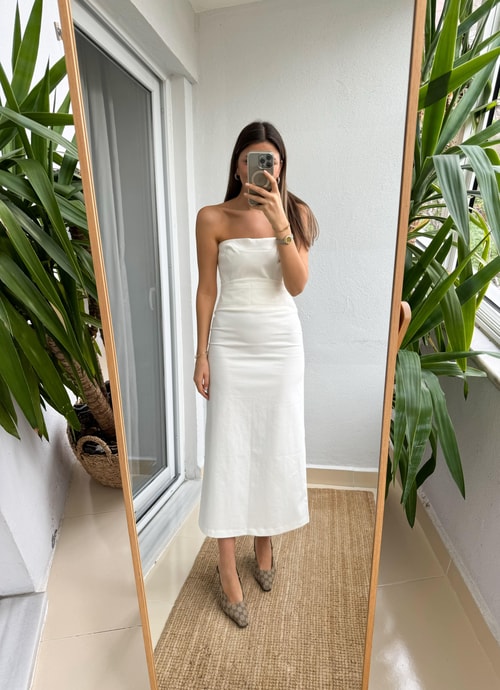 Gabardin Straplez Bluz Etek Takım-Kırık Beyaz