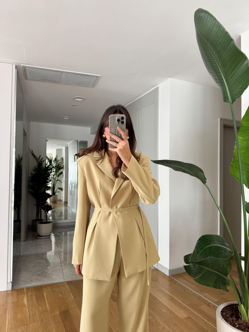 Gabriel Premium Kemerli Vatkalı Tasarım Blazer- Lime Yeşil