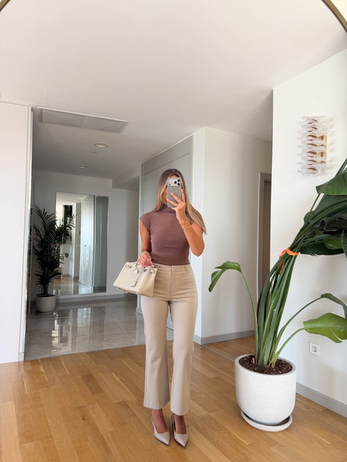 Gizli Cep Detaylı Mini Flare Pantolon - Taş