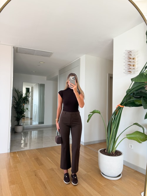 Gizli Cep Detaylı Mini Flare Pantolon - Kahve