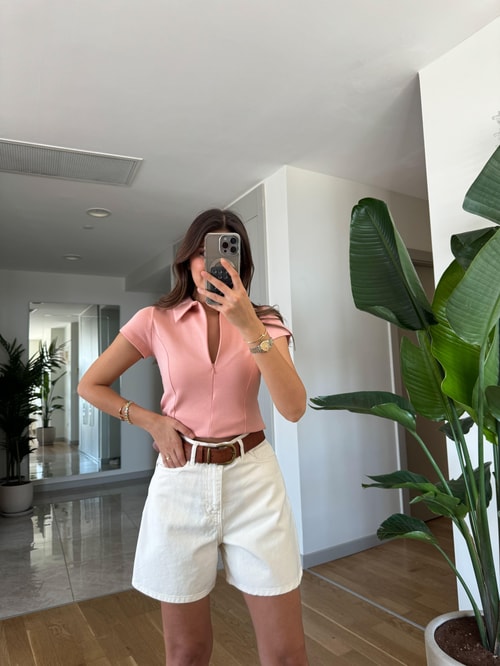 Gizli Fermuarlı Polo Yaka Tişört-Pembe