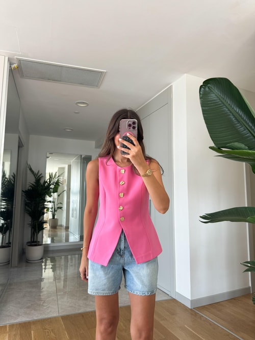 Gold Düğmeli Premium Yelek- Pembe
