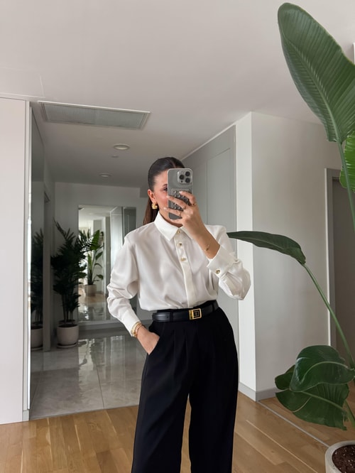 Gold Düğmeli Saten Gömlek- Ekru