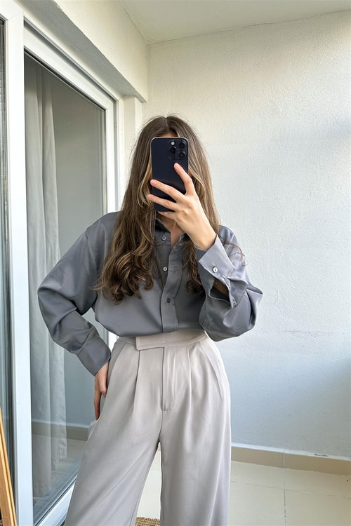 Gri Saten Oversize Gömlek