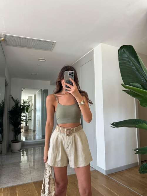 Haki Askılı Crop Bluz