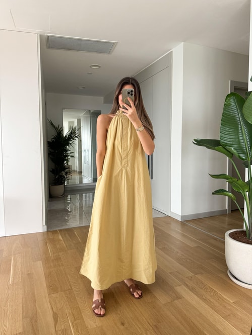 Halter Yaka Düğmeli Poplin Elbise- Pastel Sarı