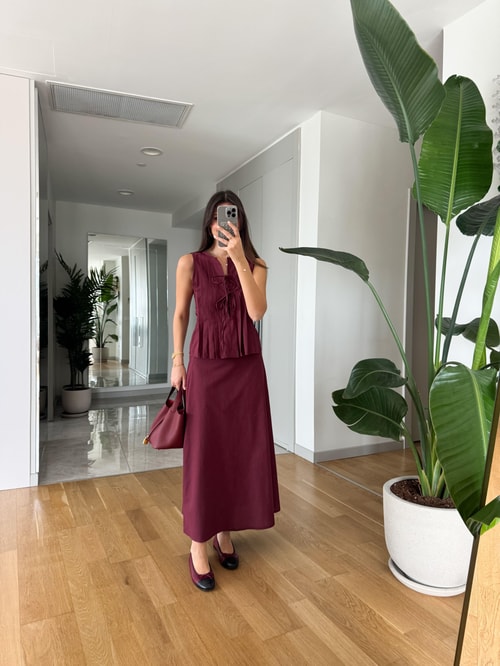 Henna Pamuk Keten Bluz Etek Takım- Bordo