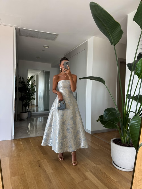 Jakarlı Straplez Midi Elbise - Mavi