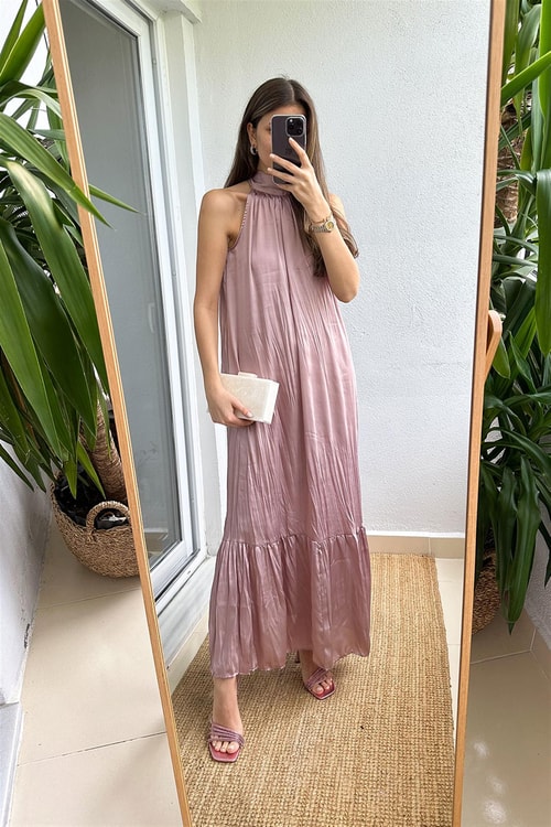 Julia Halter Yaka Midi Elbise-Pudra