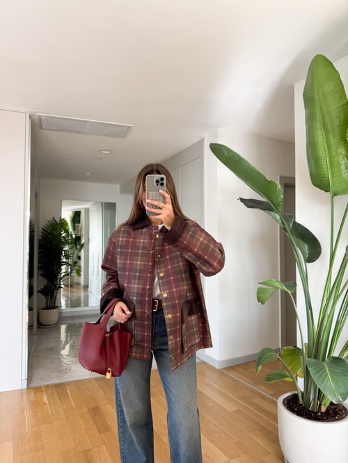 Kadife Yakalı Bordo Ekoseli Ceket