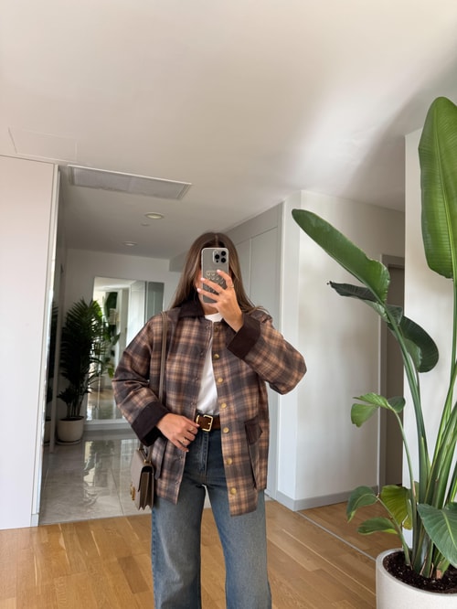 Kadife Yakalı Kahve Ekoseli Ceket