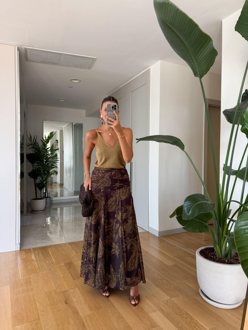 Kahve Şal Desenli Midi Etek