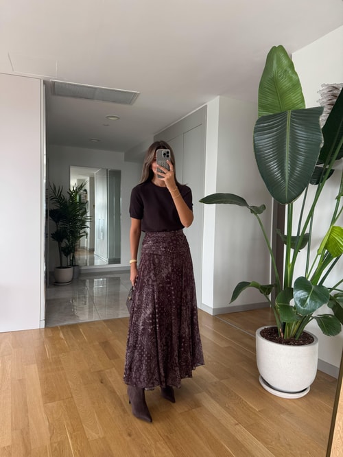 Kahve Şal Desenli Midi Etek