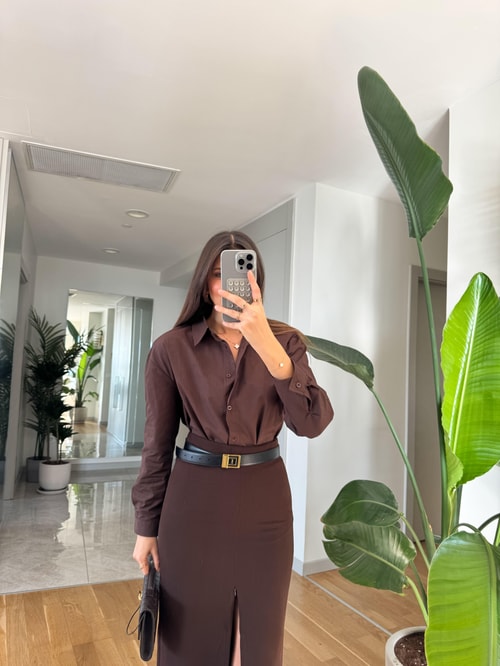 Kahve Vatkalı Poplin Gömlek