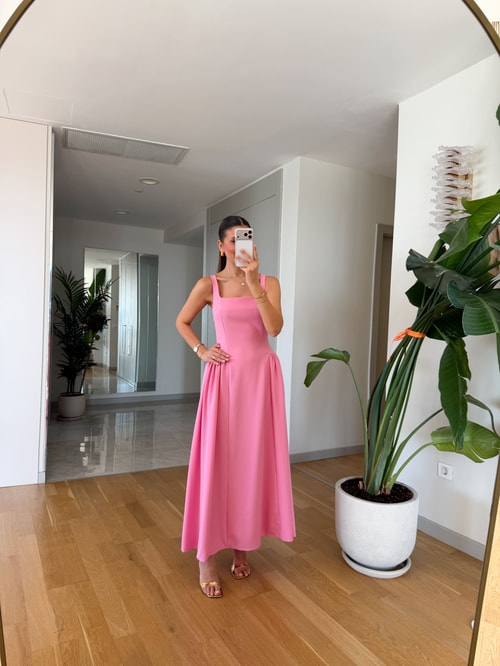 Kare Yaka Kalın Askılı Midi Boy Elbise - Pembe