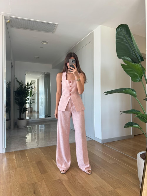 Kare Yaka Pantolon Yelek Takım- Pembe