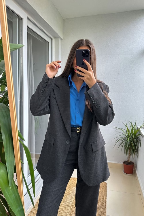 Kaşe Dokulu Füme Blazer Ceket