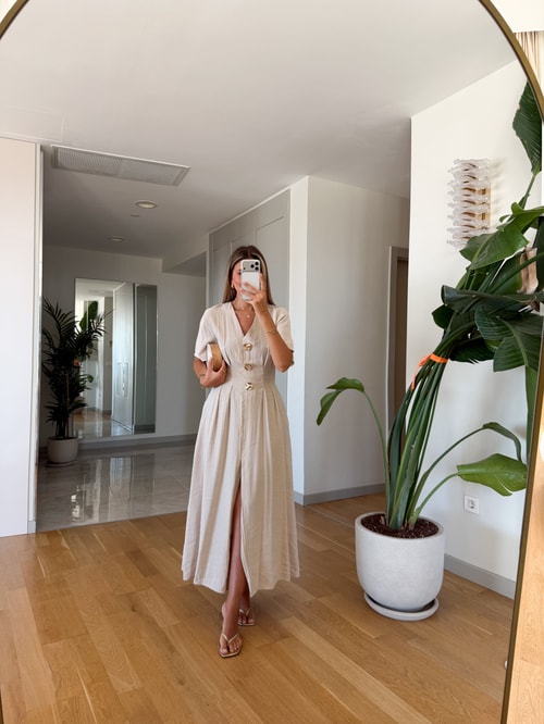 Katy Pens Detaylı Midi Elbise - Bej 