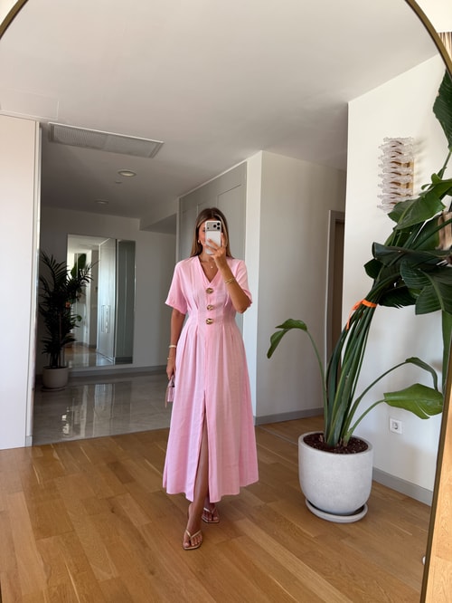 Katy Pens Detaylı Midi Elbise - Pembe