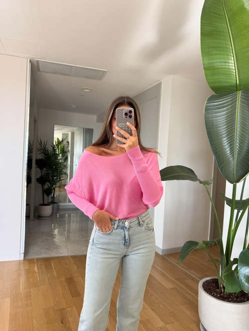 Kayık Yaka Kol Detaylı Triko Bluz - Pembe