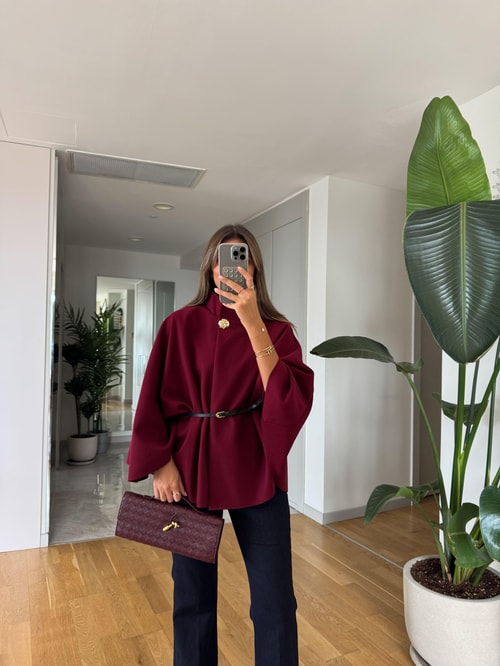 Kemerli Gold Düğmeli Kaşe Dokulu Panço - Bordo