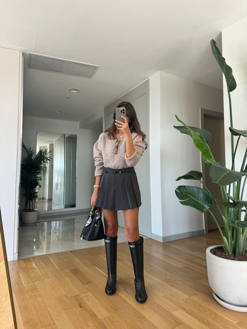 Kemerli Piliseli Şort Etek-Antrasit 