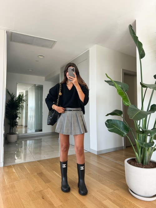 Kemerli Piliseli Şort Etek-Gri