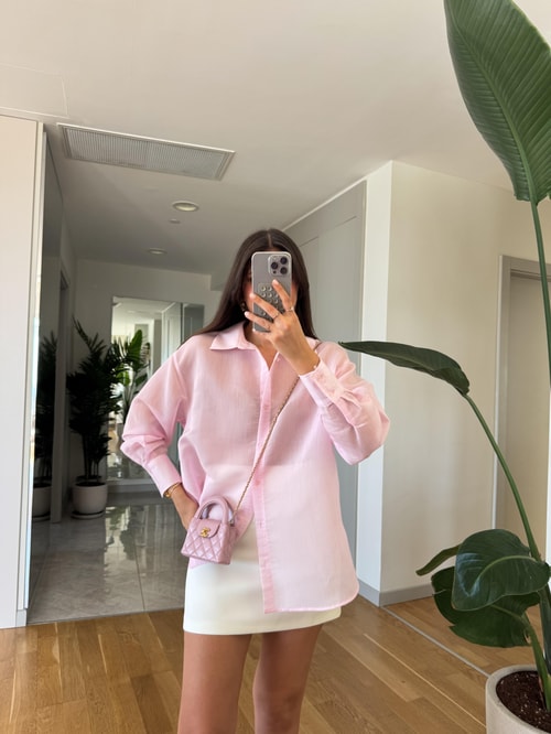 Kendiliğinden Çizgili Transparan Gömlek- Pembe