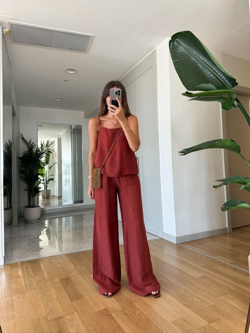 Keten Askılı Pantolon Bluz Takım-Kiremit