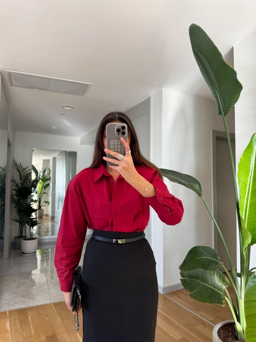 Kırmızı Vatkalı Poplin Gömlek