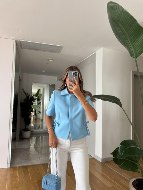 Kısa Kollu Fiyonk Detaylı Ceket-Mavi