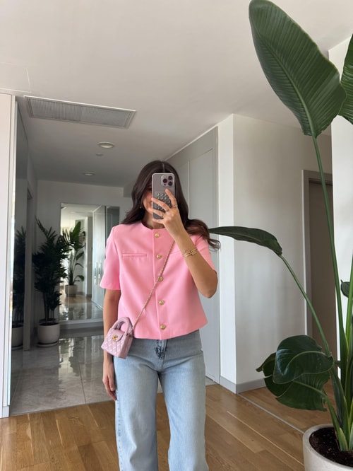 Kısa Kollu Gold Düğmeli Ceket - Pembe