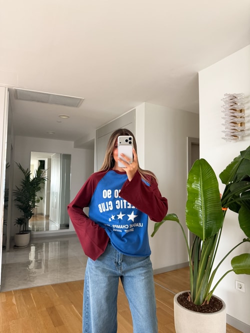 Kontrast Baskılı Basic Sweat - Bordo 