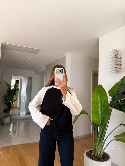 Kontrast Renkli Sweat - Beyaz Siyah