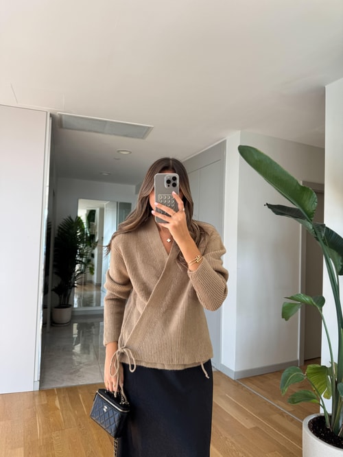 Kruvaze Bağlamalı Triko Hırka - Bej