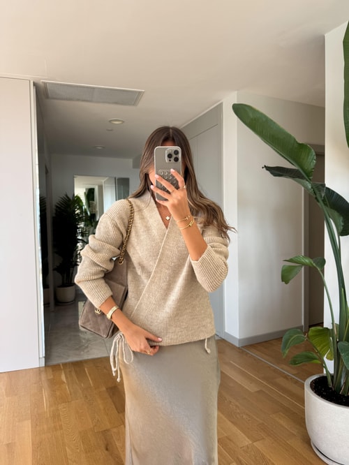 Kruvaze Bağlamalı Triko Hırka - Taş