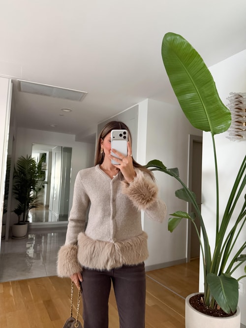 Kürk Detaylı Çıt Çıtlı Hırka - Bej