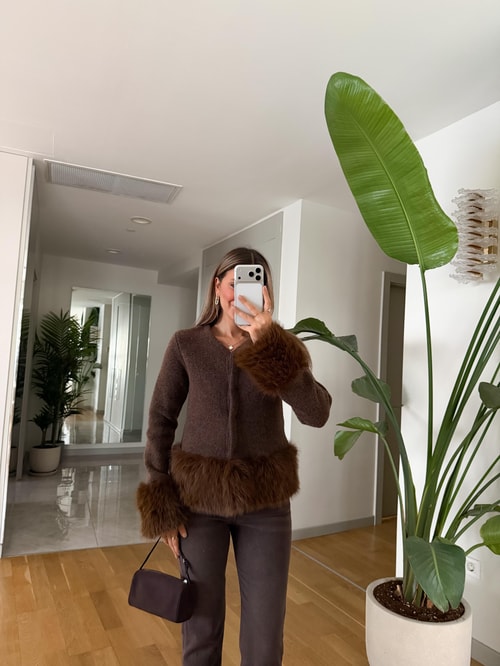 Kürk Detaylı Çıt Çıtlı Hırka - Kahve